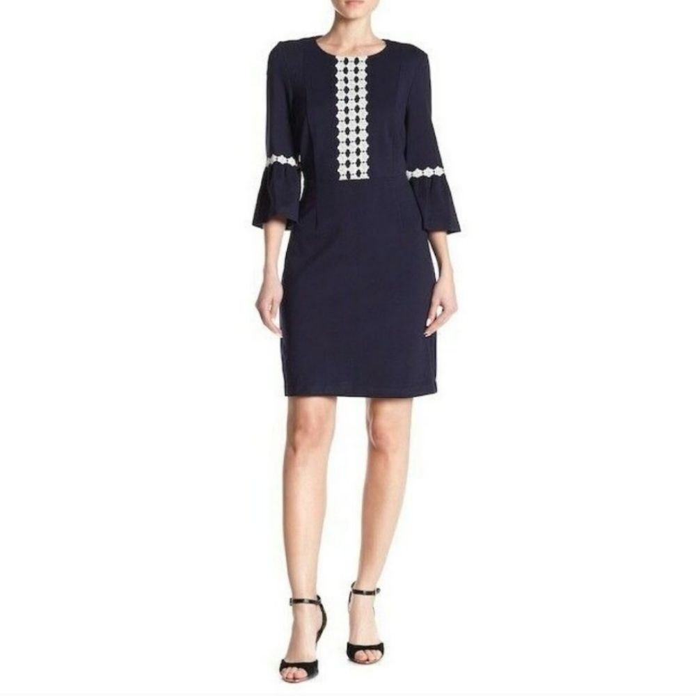 Nanette Lepore Bell Sleeve Dress Navy Blue Ivory Floral Embroidered Lace - 4